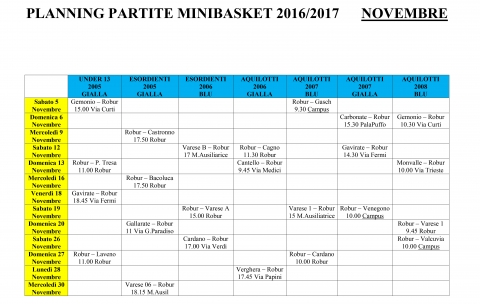 Programma partite minibasket mese di novembre